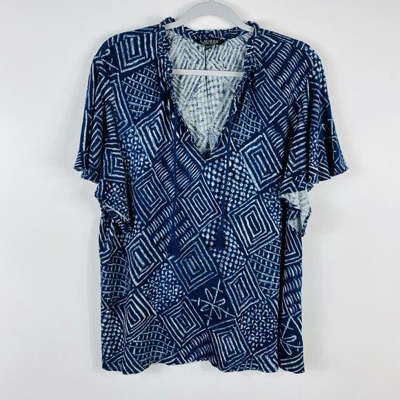 Lauren Ralph Lauren Size XL Printed Linen Blend Flutter Sleeve Top Blue - Picture 2 of 6